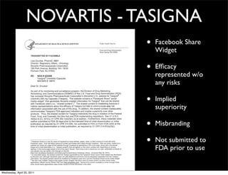 NOVARTIS - TASIGNA
• Facebook Share
Widget
• Efﬁcacy
represented w/o
any risks
• Implied
superiority
• Misbranding
• Not s...