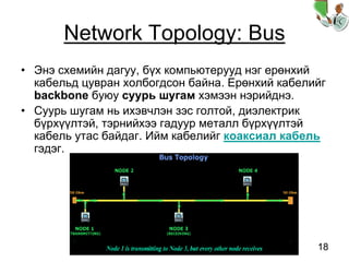 18
Network Topology: Bus
• Энэ схемийн дагуу, бүх компьютерууд нэг ерөнхий
кабельд цувран холбогдсон байна. Ерөнхий кабелийг
backbone буюу суурь шугам хэмээн нэрийднэ.
• Суурь шугам нь ихэвчлэн зэс голтой, диэлектрик
бүрхүүлтэй, тэрнийхээ гадуур металл бүрхүүлтэй
кабель утас байдаг. Ийм кабелийг коаксиал кабель
гэдэг.
 