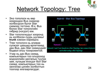 24
Network Topology: Tree
• Энэ топологи нь өөр
хоорондоо Bus схемээр
холбогдсон бүлэг Star
схемээс тогтоно. Ө.х. Bus
болон Star топологийн
гибрид (нэгдэл) юм.
• Star топологиудыг хооронд
нь холбосон суурь шугамыг
trunk хэмээн нэрийднэ.
• Tree топологи нь аливаа
сүлжээг цаашид өргөтгөхөд
дан Bus, дан Star схемүүдийг
бодвол илүү тохиромжтой.
• Учир нь дан Bus схемд,
компьютерын тоо олшроход
мэдээллийн урсгалын туулах
зам, хугацаа ихэсдэг бол Star
схемд, компьютерын тоо нь
зангилаа цэгийн холболтын
тоогоор хязгаарлагддаг.
 