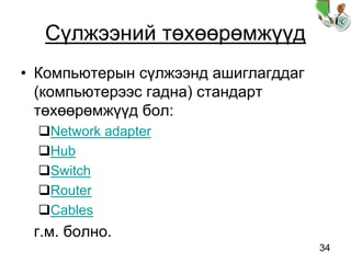 34
Сүлжээний төхөөрөмжүүд
• Компьютерын сүлжээнд ашиглагддаг
(компьютерээс гадна) стандарт
төхөөрөмжүүд бол:
Network adapter
Hub
Switch
Router
Cables
г.м. болно.
 