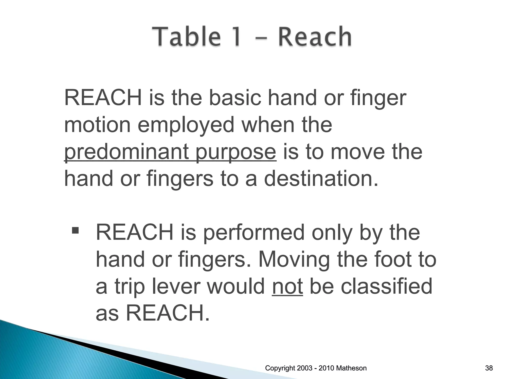 Copyright 2003 - 2010 Matheson REACH is the basic hand or finger motion employed when the  predominant purpose  is to move the hand or fingers to a destination. REACH is performed only by the hand or fingers. Moving the foot to a trip lever would  not  be classified as REACH. 