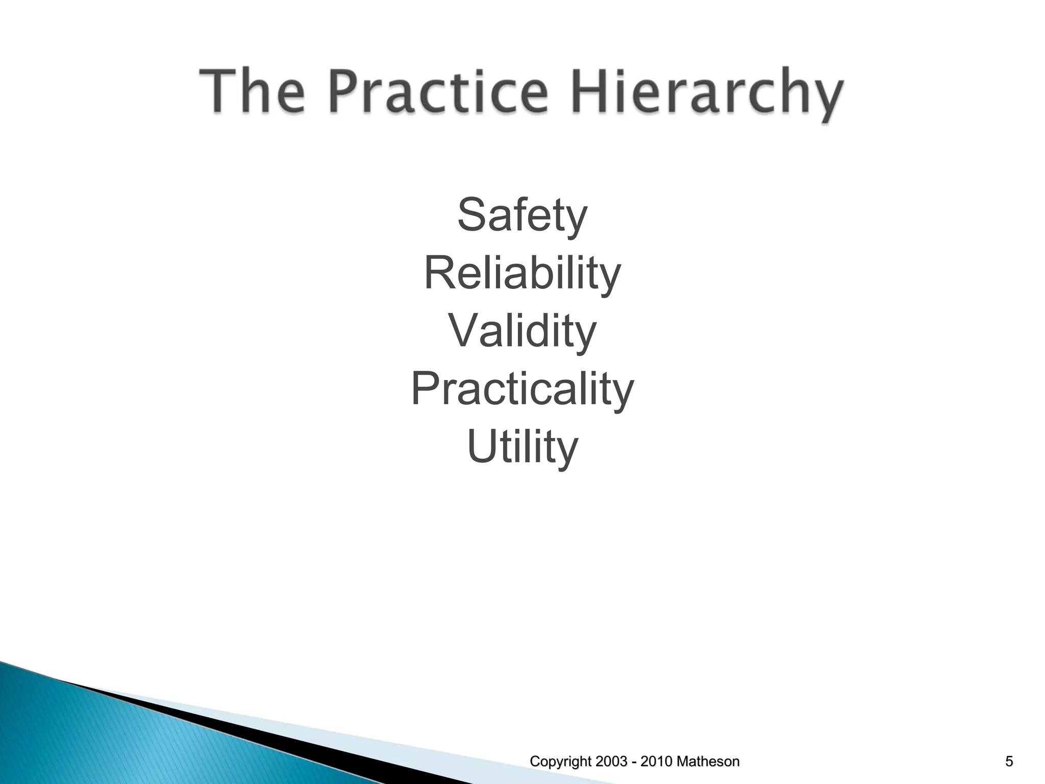 Safety Reliability Validity Practicality Utility Copyright 2003 - 2010 Matheson 