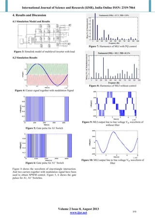 International Journal of Science and Research (IJSR), India Online ISSN: 2319-7064
Volume 2 Issue 8, August 2013
www.ijsr.net
4. Results and Discussion
4.1 Simulation Model and Results
Figure 3: Simulink model of multilevel inverter with load
4.2 Simulation Results
Figure 4: Career signal together with modulation Signal
Figure 5: Gate pulse for A1 Switch
Figure 6: Gate pulse for A1’ Switch
Figure 4 shows the waveform of sine-triangle intersection.
And two carriers together with modulation signal have been
used to obtain SPWM control. Figure 5, 6 shows the gate
pulses for A1, A1’ Switches.
Figure 7: Harmonics of MLI with PQ control
Figure 8: Harmonics of MLI without control
Figure 9: MLI output line to line voltage Vab waveform of
without filter
Figure 10: MLI output line to line voltage Vab waveform of
filter
315
 