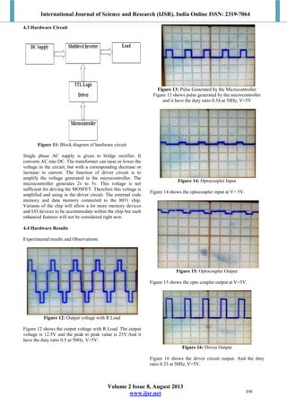 International Journal of Science and Research (IJSR), India Online ISSN: 2319-7064
Volume 2 Issue 8, August 2013
www.ijsr.net
4.3 Hardware Circuit
Figure 11: Block diagram of hardware circuit
Single phase AC supply is given to bridge rectifier. It
converts AC into DC. The transformer can raise or lower the
voltage in the circuit, but with a corresponding decrease or
increase in current. The function of driver circuit is to
amplify the voltage generated in the microcontroller. The
microcontroller generates 2v to 5v. This voltage is not
sufficient for driving the MOSFET. Therefore this voltage is
amplified and using in the driver circuit. The external code
memory and data memory connected to the 8051 chip.
Variants of the chip will allow a lot more memory devices
and I/O devices to be accommodate within the chip but such
enhanced features will not be considered right now.
4.4 Hardware Results
Experimental results and Observations
Figure 12: Output voltage with R Load
Figure 12 shows the output voltage with R Load. The output
voltage is 12.5V and the peak to peak value is 25V.And it
have the duty ratio 0.5 at 50Hz, V=5V.
Figure 13: Pulse Generated by the Microcontroller
Figure 13 shows pulse generated by the microcontroller
and it have the duty ratio 0.34 at 50Hz, V=5V
Figure 14: Optocoupler Input
Figure 14 shows the optocoupler input at V= 5V.
Figure 15: Optocoupler Output
Figure 15 shows the opto coupler output at V=5V.
Figure 16: Driver Output
Figure 16 shows the driver circuit output. And the duty
ratio 0.33 at 50Hz, V=5V.
316
 