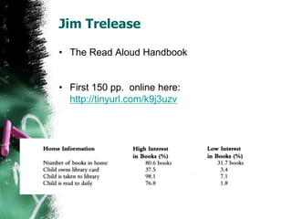 Jim Trelease
• The Read Aloud Handbook
• First 150 pp. online here:
http://tinyurl.com/k9j3uzv
 