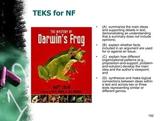 TEKS for NF
• (A) summarize the main ideas
and supporting details in text,
demonstrating an understanding
that a summary does not include
opinions;
• (B) explain whether facts
included in an argument are used
for or against an issue;
• (C) explain how different
organizational patterns (e.g.,
proposition-and-support, problem-
and-solution) develop the main
idea and the author's viewpoint;
and
• (D) synthesize and make logical
connections between ideas within
a text and across two or three
texts representing similar or
different genres.
192
 