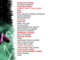 CHARACTER, DRIVEN
COLONIAL MADNESS
COUNTING CROWS
DARKEST PART OF THE FOREST
DIME
ECHO
EGG, NATURE’S PERFECT PACKAGE
ELENA VANISHING
ENCHANTED AIR
ENSNARED
FIREFIGHT
FIRELY HOLLOW
FISH IN A TREE
GINGERBREAD FOR LIBERTY
GONE CRAZY IN ALABAMA
GOODBYE STRANGER
GOODNIGHT ALREADY
HELLO STRANGER
HOLD ME CLOSER
HONEY
HOPE AND OTHER LUXURIES
HOW TO BUILD A GIRL
HYPNOTIZE A TIGER
I CRAWL THROUGH IT
I DON’T WANT TO BE A FROG
IF YOU PLANT A SEED
LAST STOP ON MARKET STREET
LISTEN SLOWLY
LOOK
 