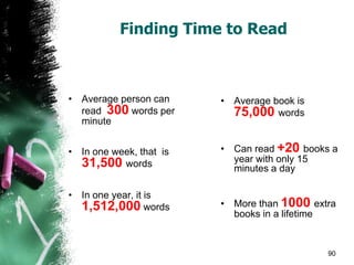 Finding Time to Read
• Average person can
read 300 words per
minute
• In one week, that is
31,500 words
• In one year, it is
1,512,000 words
• Average book is
75,000 words
• Can read +20 books a
year with only 15
minutes a day
• More than 1000 extra
books in a lifetime
90
 