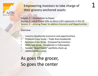 1Empowering investors to take charge of
their grocery-anchored assets
Session 1 – introduction to Power
Session 2 – what Power tells us about Lidl’s expansion in the US
Session 3 – utilizing Power to address Concerns and Opportunities
Overview:
• Industry Headwinds (concerns and opportunities)
• Problems Case Study – Trade Area headwinds
• Solutions Case Study - Empowering Investors
• MSA Case Study - Headwinds in Indianapolis
• Sample “Good Health” portfolio check up
• Additional Resources
As goes the grocer,
So goes the center
 