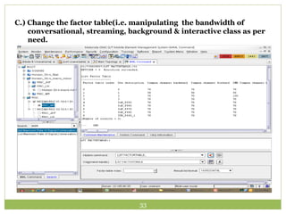 C.) Change the factor table(i.e. manipulating the bandwidth of 
conversational, streaming, background & interactive class as per 
need. 
33 
 