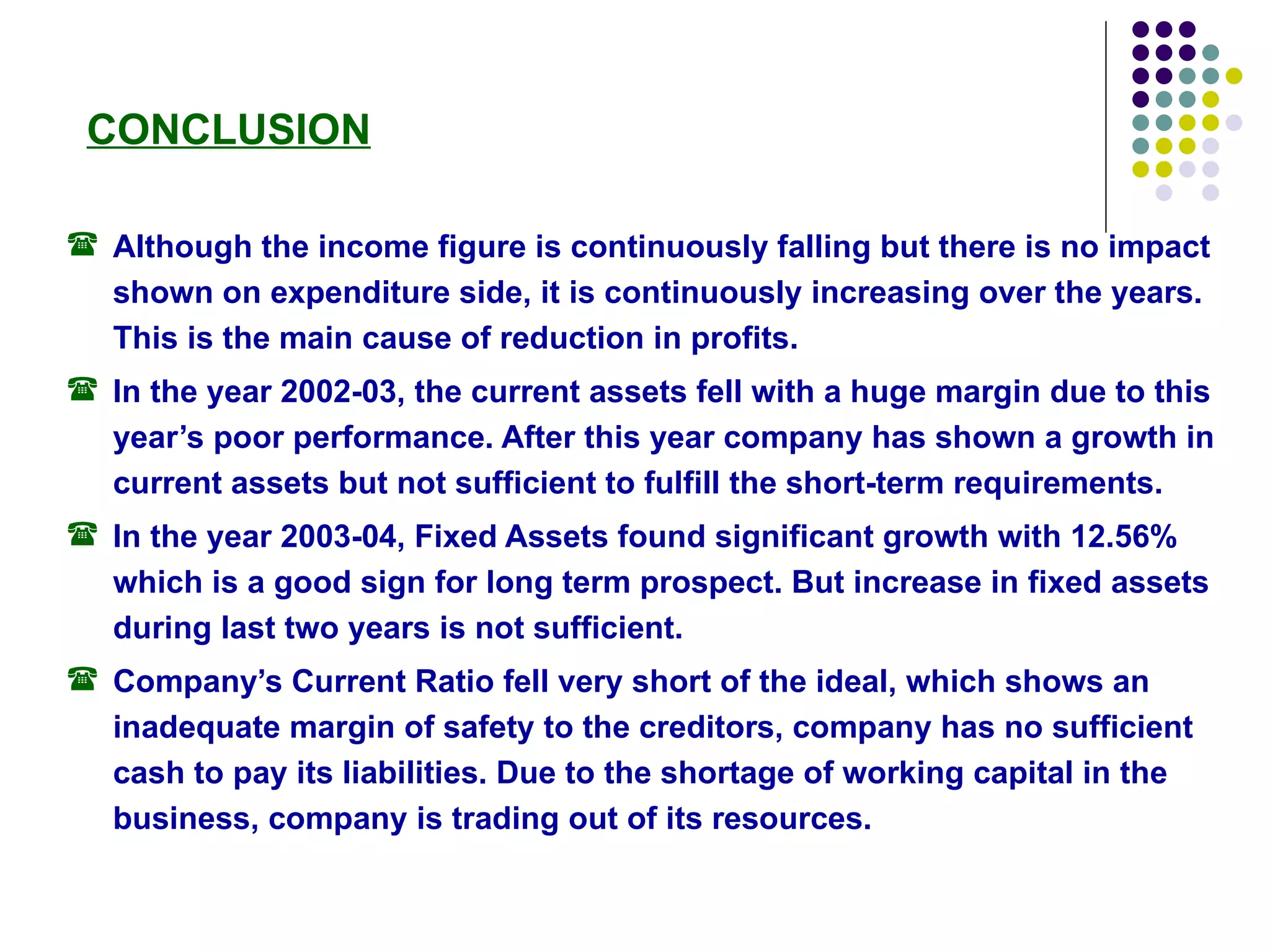 Although the income figure is continuously falling but there is no impact shown on expenditure side, it is continuously increasing over the years. This is the main cause of reduction in profits. In the year 2002-03, the current assets fell with a huge margin due to this year’s poor performance. After this year company has shown a growth in current assets but not sufficient to fulfill the short-term requirements.  In the year 2003-04, Fixed Assets found significant growth with 12.56% which is a good sign for long term prospect. But increase in fixed assets during last two years is not sufficient. Company’s Current Ratio fell very short of the ideal, which shows an inadequate margin of safety to the creditors, company has no sufficient cash to pay its liabilities. Due to the shortage of working capital in the business, company is trading out of its resources. CONCLUSION 