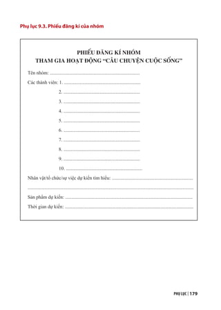 PHỤ LỤC | 179
Phụ lục 9.3. Phiếu đăng kí của nhóm
PHIẾU ĐĂNG KÍ NHÓM
THAM GIA HOẠT ĐỘNG “CÂU CHUYỆN CUỘC SỐNG”
Tên nhóm: ..........................................................................
Các thành viên: 1. ...............................................................
2. ...............................................................
3. ...............................................................
4. ...............................................................
5. ...............................................................
6. ...............................................................
7. ...............................................................
8. ...............................................................
9. ...............................................................
10. ...............................................................
Nhân vật/tổ chức/sự việc dự kiến tìm hiểu: ...................................................................
.........................................................................................................................................
Sản phẩm dự kiến: .........................................................................................................
Thời gian dự kiến: ..........................................................................................................
 