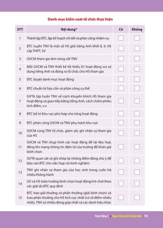 Hoạt động 2 ● Ngày tiếng Anh hằng tuần | 19
Danh mục kiểm soát tổ chức thực hiện
STT Nội dung* Có Không
1 Thành lập BTC, lập kế hoạch chi tiết và phân công nhiệm vụ
2
BTC tuyển TNV là một số HS giỏi tiếng Anh khối 8, 9, HS
cấp THPT, SV
3 GVCM tham gia làm nòng cốt TNV
4
Mỗi GVCM và TNV thiết kế tối thiểu 01 hoạt động vui sử
dụng tiếng Anh và đứng ra tổ chức cho HS tham gia
5 BTC duyệt danh mục hoạt động
6 BTC chuẩn bị hậu cần và phân công cụ thể
7
GVTA tập huấn TNV về cách khuyến khích HS tham gia
hoạt động và giao tiếp bằng tiếng Anh, cách chấm phiếu
tích điểm, v.v
8 BTC bố trí khu vực phù hợp cho từng hoạt động
9 BTC phân công GVCM và TNV phụ trách khu vực
10
GVCM cùng TNV tổ chức, giám sát, ghi nhận sự tham gia
của HS
11
GVCM và TNV chụp hình các hoạt động để tài liệu hoá,
đăng lên mạng thông tin điện tử của trường để khán giả
bình chọn
12
GVTA quan sát và ghi chép lại những điểm đáng chú ý để
báo cáo BTC cho việc họp rút kinh nghiệm
13
TNV ghi nhận sự tham gia của học sinh trong cuốn hộ
chiếu/thông hành
14
GV và HS toàn trường bình chọn hoạt động/trò chơi theo
các giải do BTC quy định
15
BTC trao giải thưởng và phần thưởng (giải bình chọn) và
trao phần thưởng cho HS tích cực nhất (có số điểm nhiều
nhất),TNV có nhiều đóng góp nhất và các danh hiệu khác
 