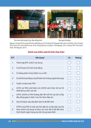 24 | SỔTAYHƯỚNGDẪNXÂYDỰNG,PHÁTTRIỂNMÔITRƯỜNGHỌCVÀSỬDỤNGNGOẠINGỮTRONGCÁCTRƯỜNGTRUNGHỌCCƠSỞ
Trò chơi nhỏ trong Cuộc đua tiếng Anh Trao giải thưởng
(Nguồn: Trường THCS Lương Thế Vinh, Đắk Nông, 2019; Trường THCS Nguyễn Đức Cảnh, Thái Bình, 2019; Trường
THCS Phan Chu Trinh, Khánh Hoà, 2019; Trường Đại học Sư phạm, Thái Nguyên, 2017; Trường THPT Trần Quốc
Toản, Thái Nguyên, 2017)
Danh mục kiểm soát tổ chức thực hiện
STT Nội dung* Có Không
1 Thành lập BTC và BCV nội dung
2 Có kế hoạch tổ chức hoạt động
3 Có bảng phân công nhiệm vụ cụ thể
4 Có thể lệ hoạt động và phổ biến tới những người tham gia
5 Tuyển và tập huấn TNV
6
GVTA (và TNV) phổ biến cho GVCM cách thức hỗ trợ HS
thiết kế/sưu tầm câu hỏi
7
GVTA, GVCM và TNV hướng dẫn để mỗi HS của tất cả lớp
đều đóng góp ít nhất 2 câu hỏi (kèm đáp án)
8 Câu hỏi được sắp xếp đảm bảo từ dễ đến khó
9
GVTA cùng TNV rà soát câu hỏi, đáp án và sắp xếp câu hỏi
theo nhóm nội dung và theo các mức độ từ dễ đến khó,
hình thành ngân hàng câu hỏi chung toàn khối
 