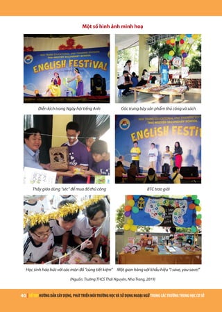 40 | SỔTAYHƯỚNGDẪNXÂYDỰNG,PHÁTTRIỂNMÔITRƯỜNGHỌCVÀSỬDỤNGNGOẠINGỮTRONGCÁCTRƯỜNGTRUNGHỌCCƠSỞ
Một số hình ảnh minh hoạ
Diễn kịch trong Ngày hội tiếng Anh Góc trưng bày sản phẩm thủ công và sách
Thầy giáo dùng “séc” để mua đồ thủ công BTC trao giải
Học sinh háo hức với các món đồ “cùng tiết kiệm” Một gian hàng với khẩu hiệu “I save, you save!”
(Nguồn: Trường THCS Thái Nguyên, Nha Trang, 2019)
 