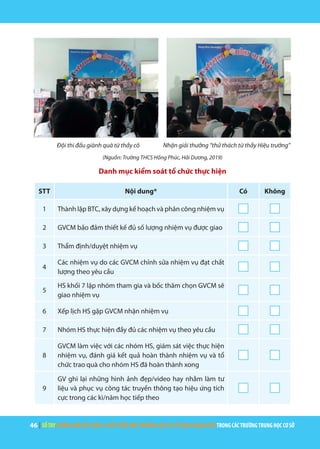 46 | SỔTAYHƯỚNGDẪNXÂYDỰNG,PHÁTTRIỂNMÔITRƯỜNGHỌCVÀSỬDỤNGNGOẠINGỮTRONGCÁCTRƯỜNGTRUNGHỌCCƠSỞ
Đội thi đấu giành quà từ thầy cô Nhận giải thưởng “thử thách từ thầy Hiệu trưởng”
(Nguồn: Trường THCS Hồng Phúc, Hải Dương, 2019)
Danh mục kiểm soát tổ chức thực hiện
STT Nội dung* Có Không
1 Thành lập BTC, xây dựng kế hoạch và phân công nhiệm vụ
2 GVCM bảo đảm thiết kế đủ số lượng nhiệm vụ được giao
3 Thẩm định/duyệt nhiệm vụ
4
Các nhiệm vụ do các GVCM chỉnh sửa nhiệm vụ đạt chất
lượng theo yêu cầu
5
HS khối 7 lập nhóm tham gia và bốc thăm chọn GVCM sẽ
giao nhiệm vụ
6 Xếp lịch HS gặp GVCM nhận nhiệm vụ
7 Nhóm HS thực hiện đầy đủ các nhiệm vụ theo yêu cầu
8
GVCM làm việc với các nhóm HS, giám sát việc thực hiện
nhiệm vụ, đánh giá kết quả hoàn thành nhiệm vụ và tổ
chức trao quà cho nhóm HS đã hoàn thành xong
9
GV ghi lại những hình ảnh đẹp/video hay nhằm làm tư
liệu và phục vụ công tác truyền thông tạo hiệu ứng tích
cực trong các kì/năm học tiếp theo
 