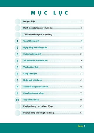 Mục lục | 5
Lời giới thiệu...................................................................................... 3
Danh mục các từ, cụm từ viết tắt...................................................... 6
Giới thiệu chung các hoạt động...................................................... 7
Phụ lục chung cho 10 hoạt động.................................................... 63
Phụ lục riêng cho từng hoạt động.................................................. 67
1 Tạp chí tiếng Anh............................................................................... 9
2 Ngày tiếng Anh hằng tuần.............................................................. 15
3 Cuộc đua tiếng Anh......................................................................... 21
4 Trả lời nhiều, tích điểm lớn............................................................. 26
5 Văn hoá ẩm thực............................................................................... 32
6 Cùng tiết kiệm................................................................................... 37
7 Nhận quà từ thầy cô......................................................................... 43
8 Thay đổi thế giới quanh em............................................................ 48
9 Câu chuyện cuộc sống..................................................................... 53
10 Truy tìm kho báu.............................................................................. 58
M Ụ C L Ụ C
 