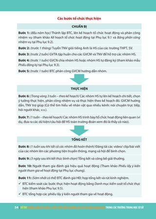 54 | SỔTAYHƯỚNGDẪNXÂYDỰNG,PHÁTTRIỂNMÔITRƯỜNGHỌCVÀSỬDỤNGNGOẠINGỮTRONGCÁCTRƯỜNGTRUNGHỌCCƠSỞ
Các bước tổ chức thực hiện
CHUẨN BỊ
Bước 1: (đầu năm học) Thành lập BTC, lên kế hoạch tổ chức hoạt động và phân công
nhiệm vụ (tham khảo Kế hoạch tổ chức hoạt động tại Phụ lục 9.1 và Bảng phân công
nhiệm vụ tại Phụ lục 9.2).
Bước 2: (trước 1 tháng) Tuyển TNV giỏi tiếng Anh là HS của các trường THPT, SV.
Bước 3: (trước 2 tuần) GVTA tập huấn cho các GVCM và TNV để hỗ trợ các nhóm HS.
Bước 4: (trước 1 tuần) GVCN chia nhóm HS hoặc nhóm HS tự đăng ký (tham khảo mẫu
Phiếu đăng ký tại Phụ lục 9.3).
Bước 5: (trước 1 tuần) BTC phân công GVCM hướng dẫn nhóm.
THỰC HIỆN
Bước 6: (Trong vòng 3 tuần – theo kế hoạch) Các nhóm HS tự lên kế hoạch chi tiết, chọn
ý tưởng thực hiện, phân công nhiệm vụ và thực hiện theo kế hoạch đó. GVCM hướng
dẫn, TNV trợ giúp (Có thể tìm hiểu về nhân vật qua nhiều kênh: nói chuyện trực tiếp,
hỏi người khác, v.v.).
Bước 7: (1 tuần – theo kế hoạch) Các nhóm HS trình bày/tổ chức hoạt động liên quan (ví
dụ, đưa ra các dữ kiện/câu hỏi để HS toàn trường đoán xem đó là thầy cô nào).
TỔNG KẾT
Bước 8: (1 tuần sau khi tất cả các nhóm đã hoàn thành) Đăng tải các video/ clip/bài viết
của các nhóm lên các phương tiện truyền thông, mạng xã hội để bình chọn.
Bước 9: (3 ngày sau khi kết thúc bình chọn) Tổng kết và công bố giải thưởng.
Bước 10: Người tham gia đánh giá hiệu quả hoạt động (Tham khảo Phiếu lấy ý kiến
người tham gia về hoạt động tại Phụ lục chung).
Bước 11: (Sớm nhất có thể) BTC đánh giá HĐ; họp tổng kết và rút kinh nghiệm.
ü	BTC kiểm soát các bước thực hiện hoạt động bằng Danh mục kiểm soát tổ chức thực
hiện (tham khảo Phụ lục 9.5).
ü	BTC tổng hợp các phiếu lấy ý kiến người tham gia về hoạt động.
 
