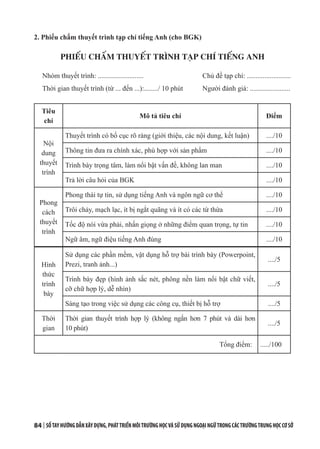 84 | SỔTAYHƯỚNGDẪNXÂYDỰNG,PHÁTTRIỂNMÔITRƯỜNGHỌCVÀSỬDỤNGNGOẠINGỮTRONGCÁCTRƯỜNGTRUNGHỌCCƠSỞ
2. Phiếu chấm thuyết trình tạp chí tiếng Anh (cho BGK)
PHIẾU CHẤM THUYẾT TRÌNH TẠP CHÍ TIẾNG ANH
Nhóm thuyết trình: .......................... 			 Chủ đề tạp chí: .........................
Thời gian thuyết trình (từ ... đến ...):......../ 10 phút 	 Người đánh giá: .......................
Tiêu
chí
Mô tả tiêu chí Điểm
Nội
dung
thuyết
trình
Thuyết trình có bố cục rõ ràng (giới thiệu, các nội dung, kết luận) ..../10
Thông tin đưa ra chính xác, phù hợp với sản phẩm ..../10
Trình bày trọng tâm, làm nổi bật vấn đề, không lan man ..../10
Trả lời câu hỏi của BGK ..../10
Phong
cách
thuyết
trình
Phong thái tự tin, sử dụng tiếng Anh và ngôn ngữ cơ thể ..../10
Trôi chảy, mạch lạc, ít bị ngắt quãng và ít có các từ thừa ..../10
Tốc độ nói vừa phải, nhấn giọng ở những điểm quan trọng, tự tin ..../10
Ngữ âm, ngữ điệu tiếng Anh đúng ..../10
Hình
thức
trình
bày
Sử dụng các phần mềm, vật dụng hỗ trợ bài trình bày (Powerpoint,
Prezi, tranh ảnh...)
..../5
Trình bày đẹp (hình ảnh sắc nét, phông nền làm nổi bật chữ viết,
cỡ chữ hợp lý, dễ nhìn)
..../5
Sáng tạo trong việc sử dụng các công cụ, thiết bị hỗ trợ ..../5
Thời
gian
Thời gian thuyết trình hợp lý (không ngắn hơn 7 phút và dài hơn
10 phút)
..../5
Tổng điểm: ...../100
 