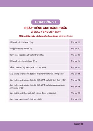 PHỤ LỤC | 89
HOẠT ĐỘNG 2
NGÀY TIẾNG ANH HẰNG TUẦN
WEEKLY ENGLISH DAY
Một số biểu mẫu sử dụng cho hoạt động (để tham khảo)
Kế hoạch tổ chức hoạt động Phụ lục 2.1
Bảng phân công nhiệm vụ Phụ lục 2.2
Danh mục hoạt động/trò chơi tham khảo Phụ lục 2.3
Kế hoạch tổ chức một hoạt động Phụ lục 2.4
Sổ hộ chiếu/thông hành phát cho học sinh Phụ lục 2.5
Giấy chứng nhận nhóm đạt giải thiết kế“Trò chơi ấn tượng nhất” Phụ lục 2.6
Giấy chứng nhận nhóm đạt giải thiết kế“Trò chơi thách thức nhất” Phụ lục 2.7
Giấy chứng nhận nhóm đạt giải thiết kế“Trò chơi ứng dụng tiếng
Anh nhiều nhất”
Phụ lục 2.8
Giấy chứng nhận học sinh tích cực, có điểm số cao nhất Phụ lục 2.9
Danh mục kiểm soát tổ chức thực hiện Phụ lục 2.10
 
