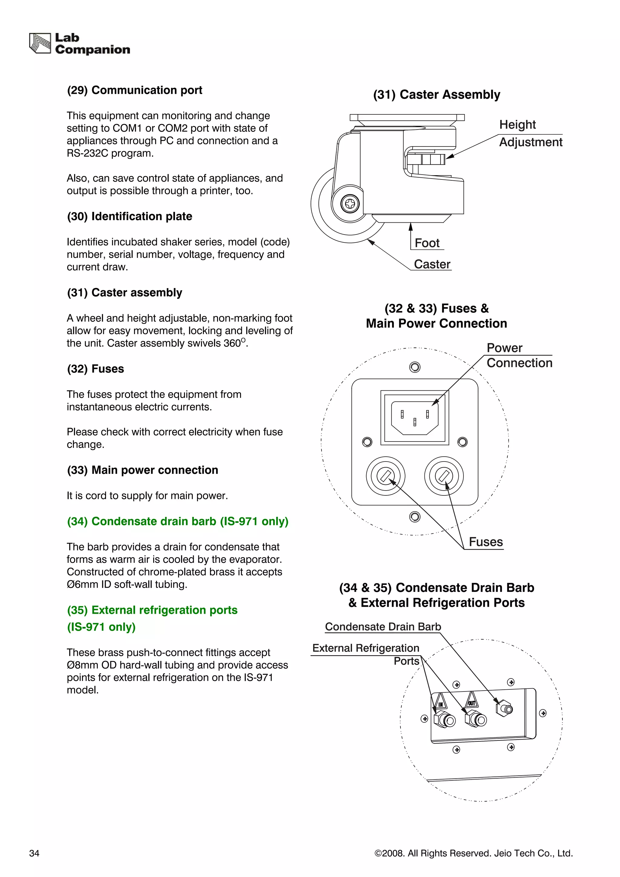 (29) Communication port                                 (31) Caster Assembly
     This equipment can monitoring and change
     setting to COM1 or COM2 port with state of
     appliances through PC and connection and a
     RS-232C program.

     Also, can save control state of appliances, and
     output is possible through a printer, too.

     (30) Identification plate

     Identifies incubated shaker series, model (code)
     number, serial number, voltage, frequency and
     current draw.

     (31) Caster assembly
                                                              (32 & 33) Fuses &
     A wheel and height adjustable, non-marking foot
                                                            Main Power Connection
     allow for easy movement, locking and leveling of
     the unit. Caster assembly swivels 360O.

     (32) Fuses

     The fuses protect the equipment from
     instantaneous electric currents.

     Please check with correct electricity when fuse
     change.

     (33) Main power connection

     It is cord to supply for main power.

     (34) Condensate drain barb (IS-971 only)

     The barb provides a drain for condensate that
     forms as warm air is cooled by the evaporator.
     Constructed of chrome-plated brass it accepts
     Ø6mm ID soft-wall tubing.                          (34 & 35) Condensate Drain Barb
                                                          & External Refrigeration Ports
     (35) External refrigeration ports
     (IS-971 only)

     These brass push-to-connect fittings accept
     Ø8mm OD hard-wall tubing and provide access
     points for external refrigeration on the IS-971
     model.




34                                                           ©2008. All Rights Reserved. Jeio Tech Co., Ltd.
 