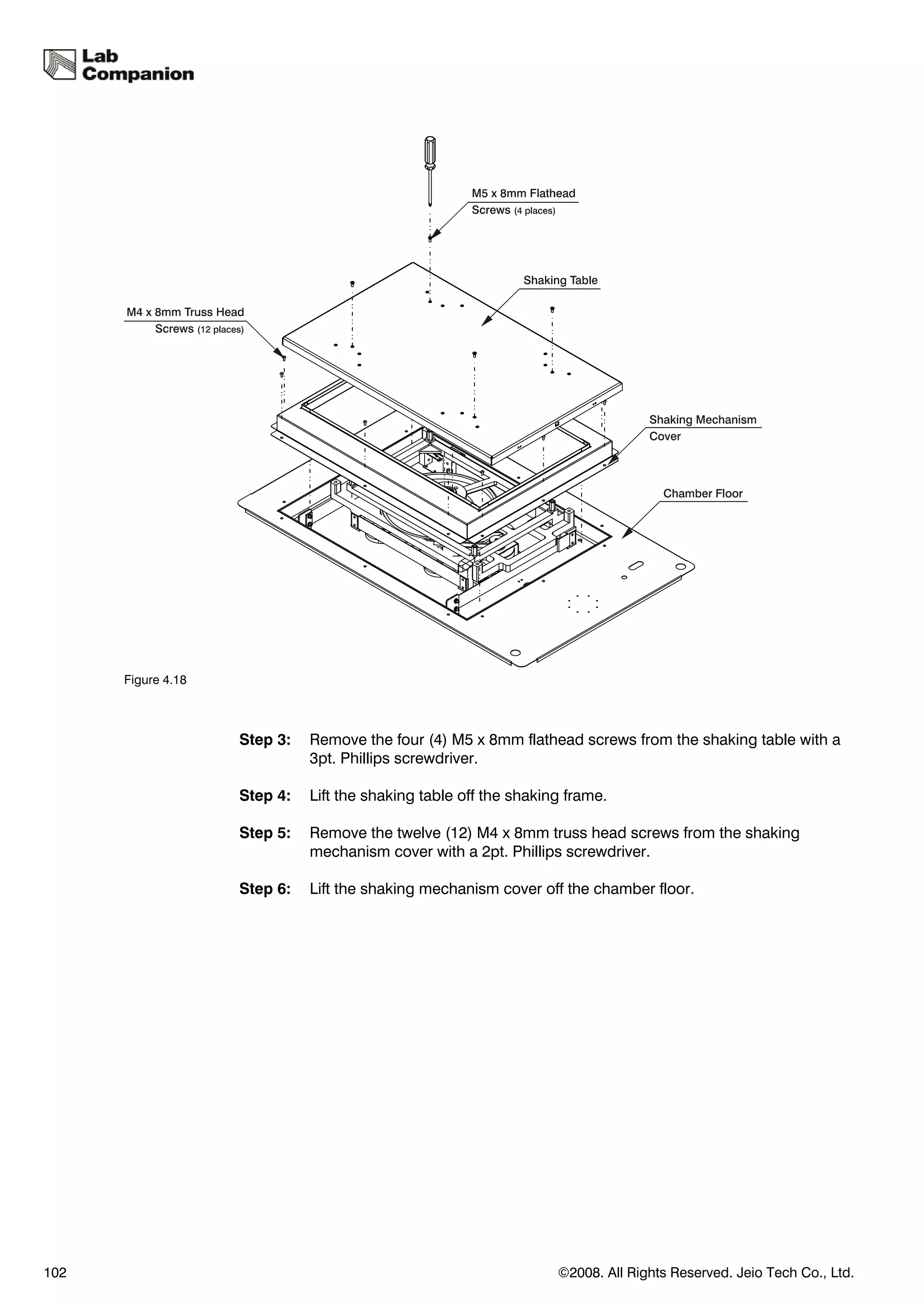 Figure 4.18



                    Step 3:   Remove the four (4) M5 x 8mm flathead screws from the shaking table with a
                              3pt. Phillips screwdriver.

                    Step 4:   Lift the shaking table off the shaking frame.

                    Step 5:   Remove the twelve (12) M4 x 8mm truss head screws from the shaking
                              mechanism cover with a 2pt. Phillips screwdriver.

                    Step 6:   Lift the shaking mechanism cover off the chamber floor.




102                                                                ©2008. All Rights Reserved. Jeio Tech Co., Ltd.
 