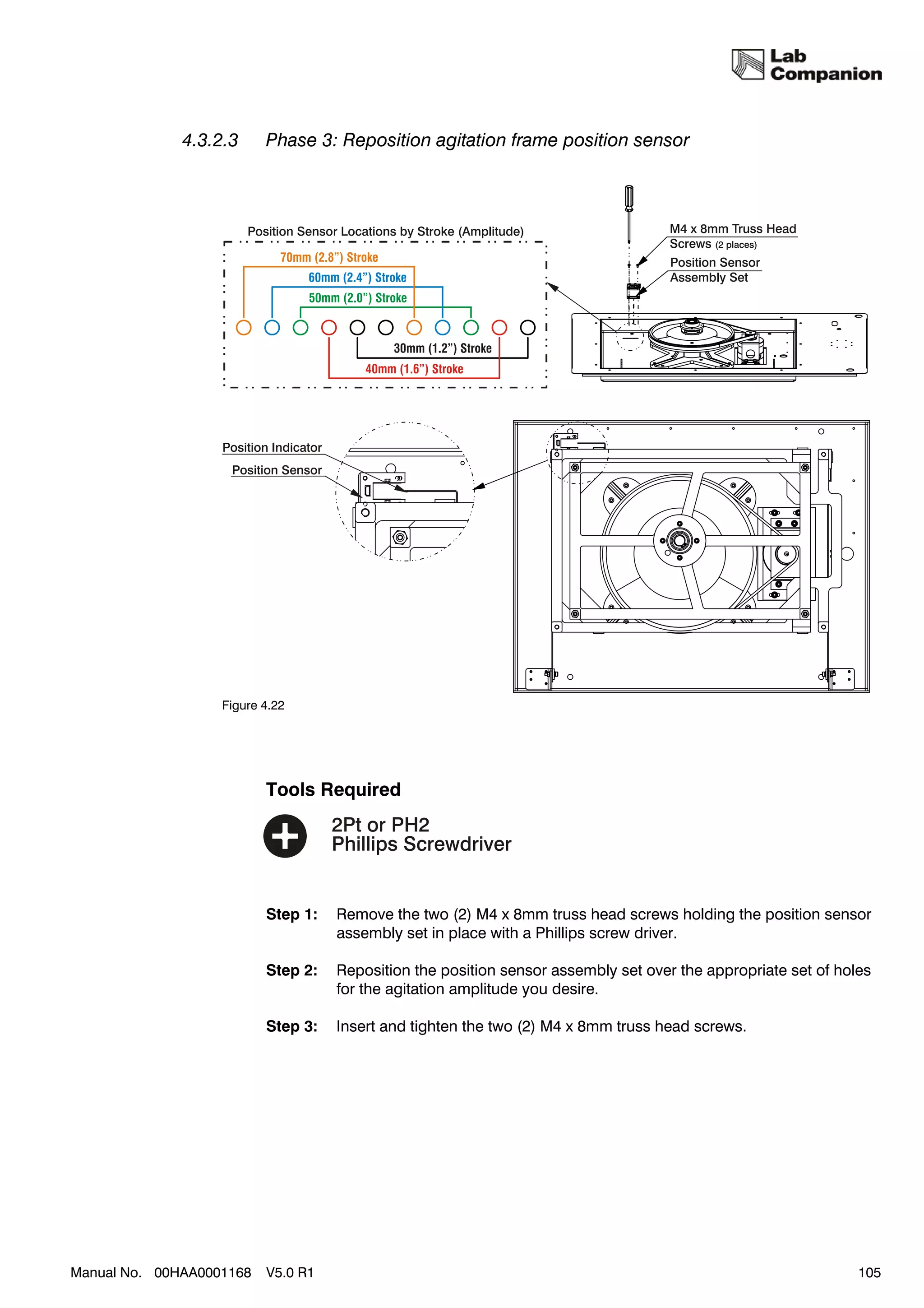 4.3.2.3     Phase 3: Reposition agitation frame position sensor




                   Figure 4.22




                          Tools Required




                          Step 1:   Remove the two (2) M4 x 8mm truss head screws holding the position sensor
                                    assembly set in place with a Phillips screw driver.

                          Step 2:   Reposition the position sensor assembly set over the appropriate set of holes
                                    for the agitation amplitude you desire.

                          Step 3:   Insert and tighten the two (2) M4 x 8mm truss head screws.




Manual No. 00HAA0001168   V5.0 R1                                                                              105
 
