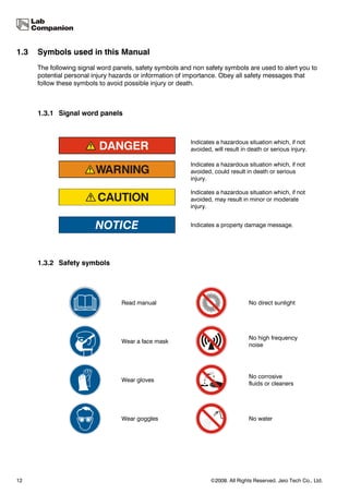 1.3   Symbols used in this Manual
      The following signal word panels, safety symbols and non safety symbols are used to alert you to
      potential personal injury hazards or information of importance. Obey all safety messages that
      follow these symbols to avoid possible injury or death.



      1.3.1 Signal word panels



                                                          Indicates a hazardous situation which, if not
                                                          avoided, will result in death or serious injury.

                                                          Indicates a hazardous situation which, if not
                                                          avoided, could result in death or serious
                                                          injury.

                                                          Indicates a hazardous situation which, if not
                                                          avoided, may result in minor or moderate
                                                          injury.


                                                          Indicates a property damage message.




      1.3.2 Safety symbols




                                  Read manual                                     No direct sunlight




                                                                                  No high frequency
                                  Wear a face mask
                                                                                  noise




                                                                                  No corrosive
                                  Wear gloves
                                                                                  fluids or cleaners




                                  Wear goggles                                    No water




12                                                                ©2008. All Rights Reserved. Jeio Tech Co., Ltd.
 