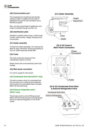 (29) Communication port                                 (31) Caster Assembly
     This equipment can monitoring and change
     setting to COM1 or COM2 port with state of
     appliances through PC and connection and a
     RS-232C program.

     Also, can save control state of appliances, and
     output is possible through a printer, too.

     (30) Identification plate

     Identifies incubated shaker series, model (code)
     number, serial number, voltage, frequency and
     current draw.

     (31) Caster assembly
                                                              (32 & 33) Fuses &
     A wheel and height adjustable, non-marking foot
                                                            Main Power Connection
     allow for easy movement, locking and leveling of
     the unit. Caster assembly swivels 360O.

     (32) Fuses

     The fuses protect the equipment from
     instantaneous electric currents.

     Please check with correct electricity when fuse
     change.

     (33) Main power connection

     It is cord to supply for main power.

     (34) Condensate drain barb (IS-971 only)

     The barb provides a drain for condensate that
     forms as warm air is cooled by the evaporator.
     Constructed of chrome-plated brass it accepts
     Ø6mm ID soft-wall tubing.                          (34 & 35) Condensate Drain Barb
                                                          & External Refrigeration Ports
     (35) External refrigeration ports
     (IS-971 only)

     These brass push-to-connect fittings accept
     Ø8mm OD hard-wall tubing and provide access
     points for external refrigeration on the IS-971
     model.




34                                                           ©2008. All Rights Reserved. Jeio Tech Co., Ltd.
 