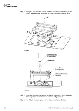 Step 1:   Using the 4mm Allen/Hex wrench and 8mm wrench remove the four (4) M5 x
                20mm hex socket head cap screws as shown in Figure on previous page.




           Figure 4.20




           Figure 4.21



      Step 2:   Using the 4mm Allen/Hex wrench remove the four (4) M5 x 10mm hex socket
                head cap screws and lock washers as shown in Figure above.

      Step 3:   Carefully lift the shaking frame off the shaking mechanism flywheel.




104                                                 ©2008. All Rights Reserved. Jeio Tech Co., Ltd.
 