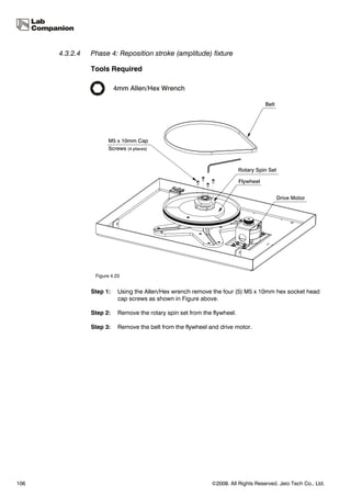 4.3.2.4   Phase 4: Reposition stroke (amplitude) fixture

                Tools Required




                 Figure 4.23


                Step 1:    Using the Allen/Hex wrench remove the four (5) M5 x 10mm hex socket head
                           cap screws as shown in Figure above.

                Step 2:    Remove the rotary spin set from the flywheel.

                Step 3:    Remove the belt from the flywheel and drive motor.




106                                                           ©2008. All Rights Reserved. Jeio Tech Co., Ltd.
 
