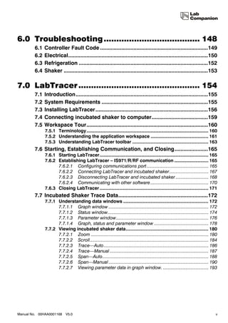6.0 Troubleshooting ...................................... 148
        6.1   Controller Fault Code .......................................................................149
        6.2   Electrical............................................................................................150
        6.3   Refrigeration .....................................................................................152
        6.4   Shaker ...............................................................................................153

7.0 LabTracer ................................................ 154
        7.1   Introduction.......................................................................................155
        7.2   System Requirements ......................................................................155
        7.3   Installing LabTracer..........................................................................156
        7.4   Connecting incubated shaker to computer.....................................159
        7.5   Workspace Tour................................................................................160
              7.5.1 Terminology............................................................................................. 160
              7.5.2 Understanding the application workspace ............................................ 161
              7.5.3 Understanding LabTracer toolbar .......................................................... 163
        7.6 Starting, Establishing Communication, and Closing......................165
              7.6.1 Starting LabTracer................................................................................... 165
              7.6.2 Establishing LabTracer – IS971/R/RF communication .......................... 165
                    7.6.2.1 Configuring communications port ................................................. 165
                    7.6.2.2 Connecting LabTracer and incubated shaker............................... 167
                    7.6.2.3 Disconnecting LabTracer and incubated shaker .......................... 168
                    7.6.2.4 Communicating with other software .............................................. 170
              7.6.3 Closing LabTracer ................................................................................... 171
        7.7 Incubated Shaker Trace Data...........................................................172
              7.7.1 Understanding data windows ................................................................. 172
                    7.7.1.1 Graph window ............................................................................... 172
                    7.7.1.2 Status window................................................................................ 174
                    7.7.1.3 Parameter window ......................................................................... 176
                    7.7.1.4 Graph, status and parameter window ........................................... 178
              7.7.2 Viewing incubated shaker data............................................................... 180
                    7.7.2.1 Zoom ............................................................................................. 180
                    7.7.2.2 Scroll.............................................................................................. 184
                    7.7.2.3 Trace—Auto................................................................................... 186
                    7.7.2.4 Trace—Manual .............................................................................. 187
                    7.7.2.5 Span—Auto.................................................................................... 188
                    7.7.2.6 Span—Manual ............................................................................... 190
                    7.7.2.7 Viewing parameter data in graph window. .................................... 193




Manual No. 00HAA0001168     V5.0                                                                                                   v
 