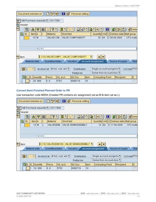 Make to Order in SAP ERP
SAP COMMUNITY NETWORK SDN - sdn.sap.com | BPX - bpx.sap.com | BOC - boc.sap.com
© 2009 SAP AG 13
Convert Semi Finished Planned Order to PR
Use transaction code MD04 (Created PR contains a/c assignment cat as M & item cat as L)
 