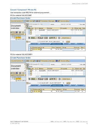 Make to Order in SAP ERP
SAP COMMUNITY NETWORK SDN - sdn.sap.com | BPX - bpx.sap.com | BOC - boc.sap.com
© 2009 SAP AG 14
Convert “Component” PR into PO
Use transaction code ME21N for external procurement.
PO for material VALVECOMP
PO for material VALVECOMP1
 