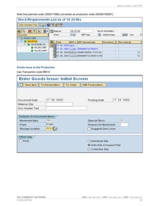Make to Order in SAP ERP
SAP COMMUNITY NETWORK SDN - sdn.sap.com | BPX - bpx.sap.com | BOC - boc.sap.com
© 2009 SAP AG 25
Note that planned order (000011696) converted as production order (00000100591)
Goods Issue to the Production
Use Transaction code MB1A
 