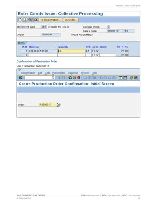 Make to Order in SAP ERP
SAP COMMUNITY NETWORK SDN - sdn.sap.com | BPX - bpx.sap.com | BOC - boc.sap.com
© 2009 SAP AG 26
Confirmation of Production Order
Use Transaction code CO15
 