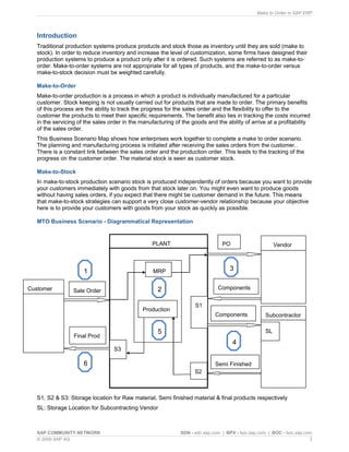 Make to Order in SAP ERP
SAP COMMUNITY NETWORK SDN - sdn.sap.com | BPX - bpx.sap.com | BOC - boc.sap.com
© 2009 SAP AG 3
Introduction
Traditional production systems produce products and stock those as inventory until they are sold (make to
stock). In order to reduce inventory and increase the level of customization, some firms have designed their
production systems to produce a product only after it is ordered. Such systems are referred to as make-to-
order. Make-to-order systems are not appropriate for all types of products, and the make-to-order versus
make-to-stock decision must be weighted carefully.
Make-to-Order
Make-to-order production is a process in which a product is individually manufactured for a particular
customer. Stock keeping is not usually carried out for products that are made to order. The primary benefits
of this process are the ability to track the progress for the sales order and the flexibility to offer to the
customer the products to meet their specific requirements. The benefit also lies in tracking the costs incurred
in the servicing of the sales order in the manufacturing of the goods and the ability of arrive at a profitability
of the sales order.
This Business Scenario Map shows how enterprises work together to complete a make to order scenario.
The planning and manufacturing process is initiated after receiving the sales orders from the customer..
There is a constant link between the sales order and the production order. This leads to the tracking of the
progress on the customer order. The material stock is seen as customer stock.
Make-to-Stock
In make-to-stock production scenario stock is produced independently of orders because you want to provide
your customers immediately with goods from that stock later on. You might even want to produce goods
without having sales orders, if you expect that there might be customer demand in the future. This means
that make-to-stock strategies can support a very close customer-vendor relationship because your objective
here is to provide your customers with goods from your stock as quickly as possible.
MTO Business Scenario - Diagrammatical Representation
S1, S2 & S3: Storage location for Raw material, Semi finished material & final products respectively
SL: Storage Location for Subcontracting Vendor
Sale Order
Final Prod
Customer
SL
Production
Vendor
Subcontractor
PLANT PO
Components
S1
Semi Finished
S2
S3
MRP1
2
6
4
5
3
Components
 