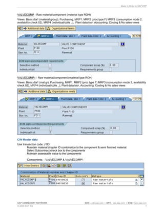 Make to Order in SAP ERP
SAP COMMUNITY NETWORK SDN - sdn.sap.com | BPX - bpx.sap.com | BOC - boc.sap.com
© 2009 SAP AG 7
VALVECOMP - Raw material/component (material type ROH)
Views: Basic dta1 (material group), Purchasing, MRP1, MRP2 (proc type F) MRP3 (consumption mode 2,
availability check 02), MRP4 (individual/colle _), Plant data/stor, Accounting, Costing & No sales views
VALVECOMP1 - Raw material/component (material type ROH)
Views: Basic dta1 (mat gr), Purchasing, MRP1, MRP2 (proc type F) MRP3 (consumption mode 2, availability
check 02), MRP4 (individual/colle _), Plant data/stor, Accounting, Costing & No sales views
CIN Master data
Use transaction code: J1ID
Maintain material chapter ID combination to the component & semi finished material.
Select Subcontract check box to the components
Maintain assessable value to the components
Components: - VALVECOMP & VALVECOMP1
 
