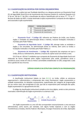 34
5.2. CLASSIFICAÇÃO DA DESPESA POR ESFERA ORÇAMENTÁRIA
Na LOA, a esfera tem por finalidade identificar se a despesa pertence ao Orçamento Fiscal
(F), da Seguridade Social (S) ou de Investimento das Empresas Estatais (I), conforme disposto no §
5o do art. 165 da CF. Na LOA, o classificador de esfera é identificado com as letras “F”, “S” ou “I”.
Na base de dados do SIOP, o campo destinado à esfera orçamentária é composto de dois dígitos e
será associado à ação orçamentária:
CÓDIGO ESFERA ORÇAMENTÁRIA
10 Orçamento Fiscal
20 Orçamento da Seguridade Social
30 Orçamento de Investimento
- Orçamento Fiscal - F (código 10): referente aos Poderes da União, seus fundos,
órgãos e entidades da administração direta e indireta, inclusive fundações instituídas e
mantidas pelo Poder Público;
- Orçamento da Seguridade Social - S (código 20): abrange todas as entidades e
órgãos a ela vinculados, da administração direta ou indireta, bem como os fundos e
fundações instituídos e mantidos pelo Poder Público; e
- Orçamento de Investimento - I (código 30): orçamento das empresas em que a
União, direta ou indiretamente, detenha a maioria do capital social com direito a voto.
O § 2o do art. 195 da CF estabelece que a proposta de Orçamento da Seguridade Social será
elaborada de forma integrada pelos órgãos responsáveis pela saúde, previdência social e
assistência social, tendo em vista as metas e prioridades estabelecidas na LDO, assegurada a cada
área a gestão de seus recursos.
[CÓDIGO-EXEMPLO DA ESTRUTURA COMPLETA DA PROGRAMAÇÃO]
5.3. CLASSIFICAÇÃO INSTITUCIONAL
A classificação institucional [tabela no item 8.2.1.], na União, reflete as estruturas
organizacional e administrativa e compreende dois níveis hierárquicos: órgão orçamentário e
unidade orçamentária. As dotações orçamentárias, especificadas por categoria de programação
em seu menor nível, são consignadas às UOs, que são as responsáveis pela realização das ações.
Órgão orçamentário é o agrupamento de UOs.
O código da classificação institucional compõe-se de cinco dígitos, sendo os dois primeiros
reservados à identificação do órgão orçamentário e os demais à UO.
1o
2o
3o
4o
5o
Órgão
Orçamentário
Unidade Orçamentária
Um órgão orçamentário ou uma UO não correspondem necessariamente a uma estrutura
administrativa, como ocorre, por exemplo, com alguns fundos especiais e com os órgãos
Transferências a Estados, Distrito Federal e Municípios, Encargos Financeiros da União, Operações
 