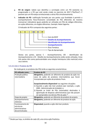 50
g. PO de origem: tabela que identifica a correlação entre um PO existente na
programação e o PO que está sendo criado no exercício de 2017 (“De/Para”). É
possível que um PO esteja correlacionado a vários POs simultaneamente;
h. Indicador do PO: codificação formada por seis partes cuja finalidade é permitir o
acompanhamento físico-financeiro consolidado de POs diferentes de maneira
transversal. Indicadores iguais poderão ser utilizadas em POs de códigos diferentes,
em ações diferentes, em órgãos diferentes. Exemplo: Rede Cegonha.
O Indicador de PO é composto das seguintes partes:
A B C DD EE FF
Item da NFSP
Detalhe do Acompanhamento
Identificador do Acompanhamento
Acompanhamento
Área Temática
Tipo de Apropriação
Destas seis partes, apenas C - Acompanhamento, DD - Identificador do
Acompanhamento e EE - Detalhe do Acompanhamento estão sendo utilizadas. Estas
três partes têm como particularidade uma relação hierárquica (não matricial) entre
seus valores.
5.5.2.4.16.4. Produto do PO
De modo geral, os produtos dos POs terão as seguintes características:
PO utilizado como... Produto do PO
Produção pública
intermediária
Obrigatório, podendo ser diferente do produto da ação nos
casos de ações de produtos intermediários que foram
incorporadas por ações de produtos finais.
Excepcionalmente dispensável nas seguintes situações:
1) Quando a ação não tiver produto (por exemplo, a ação
2000 - Administração da Unidade); e,
2) Quando se tratar de POs (reservados) destinados à
aglutinação de despesas administrativas que não possam
ser apropriados nos demais POs da ação.13
Etapa de projeto Obrigatório, podendo ser diferente do produto do projeto.
Acompanhamento
intensivo
Obrigatório, podendo ser diferente do produto da ação.
Funcionamento de
estruturas
administrativas
descentralizadas
Dispensável, quando a ação não tiver produto.
13 Desde que haja, no âmbito de cada UO, uma única ação finalística.
 