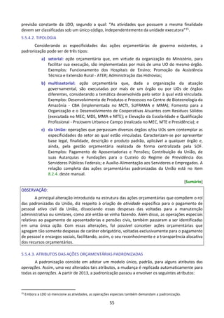 55
previsão constante da LDO, segundo a qual: “As atividades que possuem a mesma finalidade
devem ser classificadas sob um único código, independentemente da unidade executora”15.
5.5.4.2. TIPOLOGIA
Considerando as especificidades das ações orçamentárias de governo existentes, a
padronização pode ser de três tipos:
a) setorial: ação orçamentária que, em virtude da organização do Ministério, para
facilitar sua execução, são implementadas por mais de uma UO do mesmo órgão.
Exemplos: Funcionamento dos Hospitais de Ensino; Promoção da Assistência
Técnica e Extensão Rural - ATER; Administração das Hidrovias;
b) multissetorial: ação orçamentária que, dada a organização da atuação
governamental, são executadas por mais de um órgão ou por UOs de órgãos
diferentes, considerando a temática desenvolvida pelo setor à qual está vinculada.
Exemplos: Desenvolvimento de Produtos e Processos no Centro de Biotecnologia da
Amazônia - CBA (implementada no MCTI, SUFRAMA e MMA); Fomento para a
Organização e o Desenvolvimento de Cooperativas Atuantes com Resíduos Sólidos
(executada no MEC, MDS, MMA e MTE); e Elevação da Escolaridade e Qualificação
Profissional - ProJovem Urbano e Campo (realizada no MEC, MTE e Presidência); e
c) da União: operações que perpassam diversos órgãos e/ou UOs sem contemplar as
especificidades do setor ao qual estão vinculadas. Caracterizam-se por apresentar
base legal, finalidade, descrição e produto padrão, aplicável a qualquer órgão e,
ainda, pela gestão orçamentária realizada de forma centralizada pela SOF.
Exemplos: Pagamento de Aposentadorias e Pensões; Contribuição da União, de
suas Autarquias e Fundações para o Custeio do Regime de Previdência dos
Servidores Públicos Federais; e Auxílio-Alimentação aos Servidores e Empregados. A
relação completa das ações orçamentárias padronizadas da União está no item
8.2.4. deste manual.
[Sumário]
OBSERVAÇÃO:
A principal alteração introduzida na estrutura das ações orçamentárias que compõem o rol
das padronizadas da União, diz respeito à criação de atividade específica para o pagamento de
pessoal ativo civil da União, dissociando essas despesas das voltadas para a manutenção
administrativa ou similares, como até então se vinha fazendo. Além disso, as operações especiais
relativas ao pagamento de aposentadorias e pensões civis, também passaram a ser identificadas
em uma única ação. Com essas alterações, foi possível conceber ações orçamentárias que
agregam tão somente despesas de caráter obrigatório, voltadas exclusivamente para o pagamento
de pessoal e encargos sociais, facilitando, assim, o seu reconhecimento e a transparência alocativa
dos recursos orçamentários.
5.5.4.3. ATRIBUTOS DAS AÇÕES ORÇAMENTÁRIAS PADRONIZADAS
A padronização consiste em adotar um modelo único, padrão, para alguns atributos das
operações. Assim, uma vez alterados tais atributos, a mudança é replicada automaticamente para
todas as operações. A partir de 2013, a padronização passou a envolver os seguintes atributos:
15
Embora a LDO só mencione as atividades, as operações especiais também demandam a padronização.
 