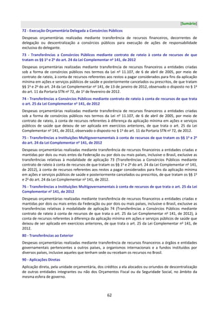 62
[Sumário]
72 - Execução Orçamentária Delegada a Consórcios Públicos
Despesas orçamentárias realizadas mediante transferência de recursos financeiros, decorrentes de
delegação ou descentralização a consórcios públicos para execução de ações de responsabilidade
exclusiva do delegante.
73 - Transferências a Consórcios Públicos mediante contrato de rateio à conta de recursos de que
tratam os §§ 1o
e 2o
do art. 24 da Lei Complementar no
141, de 2012
Despesas orçamentárias realizadas mediante transferência de recursos financeiros a entidades criadas
sob a forma de consórcios públicos nos termos da Lei no
11.107, de 6 de abril de 2005, por meio de
contrato de rateio, à conta de recursos referentes aos restos a pagar considerados para fins da aplicação
mínima em ações e serviços públicos de saúde e posteriormente cancelados ou prescritos, de que tratam
§§ 1o
e 2o
do art. 24 da Lei Complementar no
141, de 13 de janeiro de 2012, observado o disposto no § 1o
do art. 11 da Portaria STN no
72, de 1o
de fevereiro de 2012.
74 - Transferências a Consórcios Públicos mediante contrato de rateio à conta de recursos de que trata
o art. 25 da Lei Complementar no
141, de 2012
Despesas orçamentárias realizadas mediante transferência de recursos financeiros a entidades criadas
sob a forma de consórcios públicos nos termos da Lei no
11.107, de 6 de abril de 2005, por meio de
contrato de rateio, à conta de recursos referentes à diferença da aplicação mínima em ações e serviços
públicos de saúde que deixou de ser aplicada em exercícios anteriores, de que trata o art. 25 da Lei
Complementar no
141, de 2012, observado o disposto no § 1o
do art. 11 da Portaria STN no
72, de 2012.
75 - Transferências a Instituições Multigovernamentais à conta de recursos de que tratam os §§ 1o
e 2o
do art. 24 da Lei Complementar no
141, de 2012
Despesas orçamentárias realizadas mediante transferência de recursos financeiros a entidades criadas e
mantidas por dois ou mais entes da Federação ou por dois ou mais países, inclusive o Brasil, exclusive as
transferências relativas à modalidade de aplicação 73 (Transferências a Consórcios Públicos mediante
contrato de rateio à conta de recursos de que tratam os §§ 1o
e 2o
do art. 24 da Lei Complementar no
141,
de 2012), à conta de recursos referentes aos restos a pagar considerados para fins da aplicação mínima
em ações e serviços públicos de saúde e posteriormente cancelados ou prescritos, de que tratam os §§ 1o
e 2o
do art. 24 da Lei Complementar no
141, de 2012.
76 - Transferências a Instituições Multigovernamentais à conta de recursos de que trata o art. 25 da Lei
Complementar no
141, de 2012
Despesas orçamentárias realizadas mediante transferência de recursos financeiros a entidades criadas e
mantidas por dois ou mais entes da Federação ou por dois ou mais países, inclusive o Brasil, exclusive as
transferências relativas à modalidade de aplicação 74 (Transferências a Consórcios Públicos mediante
contrato de rateio à conta de recursos de que trata o art. 25 da Lei Complementar no
141, de 2012), à
conta de recursos referentes à diferença da aplicação mínima em ações e serviços públicos de saúde que
deixou de ser aplicada em exercícios anteriores, de que trata o art. 25 da Lei Complementar no
141, de
2012.
80 - Transferências ao Exterior
Despesas orçamentárias realizadas mediante transferência de recursos financeiros a órgãos e entidades
governamentais pertencentes a outros países, a organismos internacionais e a fundos instituídos por
diversos países, inclusive aqueles que tenham sede ou recebam os recursos no Brasil.
90 - Aplicações Diretas
Aplicação direta, pela unidade orçamentária, dos créditos a ela alocados ou oriundos de descentralização
de outras entidades integrantes ou não dos Orçamentos Fiscal ou da Seguridade Social, no âmbito da
mesma esfera de governo.
 