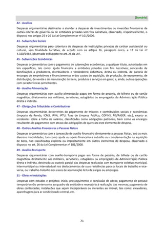 71
[Sumário]
42 - Auxílios
Despesas orçamentárias destinadas a atender a despesas de investimentos ou inversões financeiras de
outras esferas de governo ou de entidades privadas sem fins lucrativos, observado, respectivamente, o
disposto nos artigos 25 e 26 da Lei Complementar no
101/2000.
43 - Subvenções Sociais
Despesas orçamentárias para cobertura de despesas de instituições privadas de caráter assistencial ou
cultural, sem finalidade lucrativa, de acordo com os artigos 16, parágrafo único, e 17 da Lei no
4.320/1964, observado o disposto no art. 26 da LRF.
45 - Subvenções Econômicas
Despesas orçamentárias com o pagamento de subvenções econômicas, a qualquer título, autorizadas em
leis específicas, tais como: ajuda financeira a entidades privadas com fins lucrativos; concessão de
bonificações a produtores, distribuidores e vendedores; cobertura, direta ou indireta, de parcela de
encargos de empréstimos e financiamentos e dos custos de aquisição, de produção, de escoamento, de
distribuição, de venda e de manutenção de bens, produtos e serviços em geral; e, ainda, outras operações
com características semelhantes.
46 - Auxílio-Alimentação
Despesas orçamentárias com auxílio-alimentação pagas em forma de pecúnia, de bilhete ou de cartão
magnético, diretamente aos militares, servidores, estagiários ou empregados da Administração Pública
direta e indireta.
47 - Obrigações Tributárias e Contributivas
Despesas orçamentárias decorrentes do pagamento de tributos e contribuições sociais e econômicas
(Imposto de Renda, ICMS, IPVA, IPTU, Taxa de Limpeza Pública, COFINS, PIS/PASEP, etc.), exceto as
incidentes sobre a folha de salários, classificadas como obrigações patronais, bem como os encargos
resultantes do pagamento com atraso das obrigações de que trata este elemento de despesa.
48 - Outros Auxílios Financeiros a Pessoas Físicas
Despesas orçamentárias com a concessão de auxílio financeiro diretamente a pessoas físicas, sob as mais
diversas modalidades, tais como ajuda ou apoio financeiro e subsídio ou complementação na aquisição
de bens, não classificados explícita ou implicitamente em outros elementos de despesa, observado o
disposto no art. 26 da Lei Complementar no
101/2000.
49 - Auxílio-Transporte
Despesas orçamentárias com auxílio-transporte pagas em forma de pecúnia, de bilhete ou de cartão
magnético, diretamente aos militares, servidores, estagiários ou empregados da Administração Pública
direta e indireta, destinado ao custeio parcial das despesas realizadas com transporte coletivo municipal,
intermunicipal ou interestadual nos deslocamentos de suas residências para os locais de trabalho e vice-
versa, ou trabalho-trabalho nos casos de acumulação lícita de cargos ou empregos.
51 - Obras e Instalações
Despesas com estudos e projetos; início, prosseguimento e conclusão de obras; pagamento de pessoal
temporário não pertencente ao quadro da entidade e necessário à realização das mesmas; pagamento de
obras contratadas; instalações que sejam incorporáveis ou inerentes ao imóvel, tais como: elevadores,
aparelhagem para ar condicionado central, etc.
 