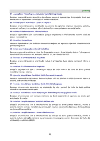 73
[Sumário]
64 - Aquisição de Títulos Representativos de Capital já Integralizado
Despesas orçamentárias com a aquisição de ações ou quotas de qualquer tipo de sociedade, desde que
tais títulos não representem constituição ou aumento de capital.
65 - Constituição ou Aumento de Capital de Empresas
Despesas orçamentárias com a constituição ou aumento de capital de empresas industriais, agrícolas,
comerciais ou financeiras, mediante subscrição de ações representativas do seu capital social.
66 - Concessão de Empréstimos e Financiamentos
Despesas orçamentárias com a concessão de qualquer empréstimo ou financiamento, inclusive bolsas de
estudo reembolsáveis.
67 - Depósitos Compulsórios
Despesas orçamentárias com depósitos compulsórios exigidos por legislação específica, ou determinados
por decisão judicial.
70 - Rateio pela Participação em Consórcio Público
Despesa orçamentária relativa ao rateio das despesas decorrentes da participação do ente Federativo em
Consórcio Público instituído nos termos da Lei no
11.107, de 6 de abril de 2005.
71 - Principal da Dívida Contratual Resgatado
Despesas orçamentárias com a amortização efetiva do principal da dívida pública contratual, interna e
externa.
72 - Principal da Dívida Mobiliária Resgatado
Despesas orçamentárias com a amortização efetiva do valor nominal do título da dívida pública
mobiliária, interna e externa.
73 - Correção Monetária ou Cambial da Dívida Contratual Resgatada
Despesas orçamentárias decorrentes da atualização do valor do principal da dívida contratual, interna e
externa, efetivamente amortizado.
74 - Correção Monetária ou Cambial da Dívida Mobiliária Resgatada
Despesas orçamentárias decorrentes da atualização do valor nominal do título da dívida pública
mobiliária, efetivamente amortizado.
75 - Correção Monetária da Dívida de Operações de Crédito por Antecipação de Receita
Despesas orçamentárias com correção monetária da dívida decorrente de operação de crédito por
antecipação de receita.
76 - Principal Corrigido da Dívida Mobiliária Refinanciado
Despesas orçamentárias com o refinanciamento do principal da dívida pública mobiliária, interna e
externa, inclusive correção monetária ou cambial, com recursos provenientes da emissão de novos títulos
da dívida pública mobiliária.
77 - Principal Corrigido da Dívida Contratual Refinanciado
Despesas orçamentárias com o refinanciamento do principal da dívida pública contratual, interna e
externa, inclusive correção monetária ou cambial, com recursos provenientes da emissão de títulos da
dívida pública mobiliária. (38)(A)
 