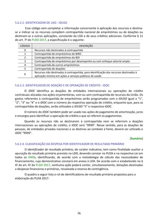 76
5.6.2.2. IDENTIFICADOR DE USO - IDUSO
Esse código vem completar a informação concernente à aplicação dos recursos e destina-
se a indicar se os recursos compõem contrapartida nacional de empréstimos ou de doações ou
destinam-se a outras aplicações, constando da LOA e de seus créditos adicionais. Conforme § 11
do art. 7o do PLDO 2017, a especificação é a seguinte:
CÓDIGO DESCRIÇÃO
0 Recursos não destinados à contrapartida
1 Contrapartida de empréstimos do BIRD
2 Contrapartida de empréstimos do BID
3 Contrapartida de empréstimos por desempenho ou com enfoque setorial amplo
4 Contrapartida de outros empréstimos
5 Contrapartida de doações
6
Recursos não destinados à contrapartida, para identificação dos recursos destinados à
aplicação mínima em ações e serviços públicos de saúde
5.6.2.3. IDENTIFICADOR DE DOAÇÃO E DE OPERAÇÃO DE CRÉDITO - IDOC
O IDOC identifica as doações de entidades internacionais ou operações de crédito
contratuais alocadas nas ações orçamentárias, com ou sem contrapartida de recursos da União. Os
gastos referentes à contrapartida de empréstimos serão programados com o IDUSO igual a “1”,
“2”, “3” ou “4” e o IDOC com o número da respectiva operação de crédito, enquanto que, para as
contrapartidas de doações, serão utilizados o IDUSO “5” e respectivo IDOC.
O número do IDOC também pode ser usado nas ações de pagamento de amortização, juros
e encargos para identificar a operação de crédito a que se referem os pagamentos.
Quando os recursos não se destinarem à contrapartida nem se referirem a doações
internacionais ou operações de crédito, o IDOC será “9999”. Nesse sentido, para as doações de
pessoas, de entidades privadas nacionais e as destinas ao combate à fome, deverá ser utilizado o
IDOC “9999”.
[Sumário]
5.6.2.4. CLASSIFICAÇÃO DA DESPESA POR IDENTIFICADOR DE RESULTADO PRIMÁRIO
O identificador de resultado primário, de caráter indicativo, tem como finalidade auxiliar a
apuração do resultado primário previsto na LDO, devendo constar no PLOA e na respectiva Lei em
todos os GNDs, identificando, de acordo com a metodologia de cálculo das necessidades de
financiamento, cujo demonstrativo constará em anexo à LOA. De acordo com o estabelecido no §
4o do art. 6o do PLDO 2017, nenhuma ação poderá conter, simultaneamente, dotações destinadas
a despesas financeiras e primárias, ressalvada a reserva de contingência.
O quadro a seguir lista o rol de identificadores de resultado primário propostos para a
elaboração do PLOA 2017:
 
