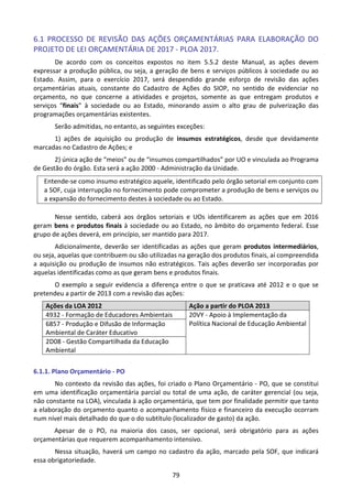 79
6.1 PROCESSO DE REVISÃO DAS AÇÕES ORÇAMENTÁRIAS PARA ELABORAÇÃO DO
PROJETO DE LEI ORÇAMENTÁRIA DE 2017 - PLOA 2017.
De acordo com os conceitos expostos no item 5.5.2 deste Manual, as ações devem
expressar a produção pública, ou seja, a geração de bens e serviços públicos à sociedade ou ao
Estado. Assim, para o exercício 2017, será despendido grande esforço de revisão das ações
orçamentárias atuais, constante do Cadastro de Ações do SIOP, no sentido de evidenciar no
orçamento, no que concerne a atividades e projetos, somente as que entregam produtos e
serviços “finais” à sociedade ou ao Estado, minorando assim o alto grau de pulverização das
programações orçamentárias existentes.
Serão admitidas, no entanto, as seguintes exceções:
1) ações de aquisição ou produção de insumos estratégicos, desde que devidamente
marcadas no Cadastro de Ações; e
2) única ação de “meios” ou de “insumos compartilhados” por UO e vinculada ao Programa
de Gestão do órgão. Esta será a ação 2000 - Administração da Unidade.
Entende-se como insumo estratégico aquele, identificado pelo órgão setorial em conjunto com
a SOF, cuja interrupção no fornecimento pode comprometer a produção de bens e serviços ou
a expansão do fornecimento destes à sociedade ou ao Estado.
Nesse sentido, caberá aos órgãos setoriais e UOs identificarem as ações que em 2016
geram bens e produtos finais à sociedade ou ao Estado, no âmbito do orçamento federal. Esse
grupo de ações deverá, em princípio, ser mantido para 2017.
Adicionalmente, deverão ser identificadas as ações que geram produtos intermediários,
ou seja, aquelas que contribuem ou são utilizadas na geração dos produtos finais, aí compreendida
a aquisição ou produção de insumos não estratégicos. Tais ações deverão ser incorporadas por
aquelas identificadas como as que geram bens e produtos finais.
O exemplo a seguir evidencia a diferença entre o que se praticava até 2012 e o que se
pretendeu a partir de 2013 com a revisão das ações:
Ações da LOA 2012 Ação a partir do PLOA 2013
4932 - Formação de Educadores Ambientais 20VY - Apoio à Implementação da
Política Nacional de Educação Ambiental
6857 - Produção e Difusão de Informação
Ambiental de Caráter Educativo
2D08 - Gestão Compartilhada da Educação
Ambiental
6.1.1. Plano Orçamentário - PO
No contexto da revisão das ações, foi criado o Plano Orçamentário - PO, que se constitui
em uma identificação orçamentária parcial ou total de uma ação, de caráter gerencial (ou seja,
não constante na LOA), vinculada à ação orçamentária, que tem por finalidade permitir que tanto
a elaboração do orçamento quanto o acompanhamento físico e financeiro da execução ocorram
num nível mais detalhado do que o do subtítulo (localizador de gasto) da ação.
Apesar de o PO, na maioria dos casos, ser opcional, será obrigatório para as ações
orçamentárias que requerem acompanhamento intensivo.
Nessa situação, haverá um campo no cadastro da ação, marcado pela SOF, que indicará
essa obrigatoriedade.
 