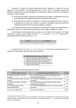 24
Enquanto a natureza de receita orçamentária busca identificar a origem do recurso
segundo seu fato gerador, a fonte/destinação de recursos possui a finalidade precípua de
identificar o destino dos recursos arrecadados. Em linhas gerais, pode-se dizer que há destinações
vinculadas e não vinculadas:
a) destinação vinculada8: processo de vinculação entre a origem e a aplicação de recursos,
em atendimento às finalidades específicas estabelecidas pela norma.
b) destinação não vinculada (ou ordinária): é o processo de alocação livre entre a origem e
a aplicação de recursos, para atender a quaisquer finalidades, desde que dentro do
âmbito das competências de atuação do órgão ou entidade.
A vinculação de receitas deve ser pautada em mandamentos legais que regulamentam a
aplicação de recursos e os direcionam para despesas, entes, órgãos, entidades ou fundos.
A classificação de fonte/destinação consiste em um código de três dígitos. O 1o dígito
representa o grupo de fonte [tabela no item 8.1.4.1.], enquanto o 2o e o 3o representam a
especificação da fonte [tabela no item 8.1.4.2.].
1o
DÍGITO 2o
e 3o
DÍGITOS
Grupo da Fonte de Recurso Especificação da Fonte de Recurso
O Anexo IV da Portaria SOF no 1, de 19 de fevereiro de 2001 lista os grupos de fontes e as
respectivas especificações das fontes de recursos vigentes:
Cód. GRUPO da Fonte de Recurso (1o
Dígito)
1 Recursos do Tesouro - Exercício Corrente
2 Recursos de Outras Fontes - Exercício Corrente
3 Recursos do Tesouro - Exercícios Anteriores
6 Recursos de Outras Fontes - Exercícios Anteriores
9 Recursos Condicionados
Exemplos de fontes/destinação de recursos:
1o
DÍGITO (Grupo da Fonte) 2o
e 3o
DÍGITOS (Especificação da Fonte) FONTE
1 - Recursos do Tesouro - Exercício
Corrente
01 - Transferências do Imposto sobre a Renda e sobre
Produtos Industrializados
101
2 - Recursos de Outras Fontes - Exercício
Corrente
93 - Produto da Aplicação dos Recursos à Conta do Salário-
Educação
293
3 - Recursos do Tesouro - Exercícios
Anteriores
01 - Transferências do Imposto sobre a Renda e sobre
Produtos Industrializados
301
6 - Recursos de Outras Fontes -
Exercícios Anteriores
93 - Produto da Aplicação dos Recursos à Conta do Salário-
Educação
693
9 - Recursos Condicionados 00 - Recursos Ordinários 900
8
Há ingressos de recursos em decorrência de convênios ou de contratos de empréstimos e de financiamentos. Esses
recursos também são vinculados, pois foram obtidos com finalidade específica - e à realização dessa finalidade
deverão ser direcionados.
 