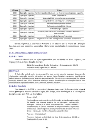 41
CÓDIGO TIPO TÍTULO
0903 Operações Especiais Transferências Constitucionais e as Decorrentes de Legislação Específica
0904 Operações Especiais Outras Transferências
0905 Operações Especiais Serviço da Dívida Interna (Juros e Amortizações)
0906 Operações Especiais Serviço da Dívida Externa (Juros e Amortizações)
0907 Operações Especiais Refinanciamento da Dívida Interna
0908 Operações Especiais Refinanciamento da Dívida Externa
0909 Operações Especiais Outros Encargos Especiais
0910 Operações Especiais
Gestão da Participação em Organismos e Entidades Nacionais e
Internacionais
0911 Operações Especiais Remuneração de Agentes Financeiros
0913 Operações Especiais Integralização de Cotas em Organismos Financeiros Internacionais
Nesses programas, a classificação funcional a ser adotada será a função 28 - Encargos
Especiais com suas respectivas subfunções, não havendo possibilidade de matricialidade nesses
casos.
5.5.2.4. ATRIBUTOS DAS AÇÕES ORÇAMENTÁRIAS
5.5.2.4.1. Título
Forma de identificação da ação orçamentária pela sociedade nas LOAs. Expressa, em
linguagem clara, o objeto da ação. Exemplo:
7M64 Construção de Trecho Rodoviário - Entroncamento BR-472 -
Fronteira Brasil/Argentina - na BR-468.
OBSERVAÇÃO:
O título não poderá conter sentença genérica que permita executar quaisquer despesas não
relacionadas à operação; também não poderá ser apenas “nome-fantasia”, mas poderá trazê-lo entre
parênteses ou ao final da sentença, separado por um travessão. Durante o processo de revisão das ações e
operações especiais para 2018, deverá ser analisado o título de cada ação ou operação especial para
verificar se esse expressa realmente a sua Finalidade, de forma resumida.
5.5.2.4.2. Descrição
Para o exercício de 2018, o campo descrição deverá expressar, de forma sucinta, o que é
feito e para que é feito no âmbito da ação, seu escopo, suas delimitações e o seu objetivo.
Exemplo: para a ação 7M64, a descrição é:
O que é feito?
Continuação da pavimentação dos 6 últimos km ainda não pavimentados
da BR-468, que envolve serviços de terraplenagem, pavimentação,
drenagem, sinalização e obras complementares. Envolve também a
implementação da Gestão Ambiental do empreendimento, englobando,
entre outras, ações mitigadoras e compensatórias das áreas de influência
direta e indireta, e o atendimento das licenças ambientais.
Para que é feito (objetivo)?
Promover eficiência e efetividade no fluxo de transporte na BR-468 no
Estado do Rio Grande do Sul.
 