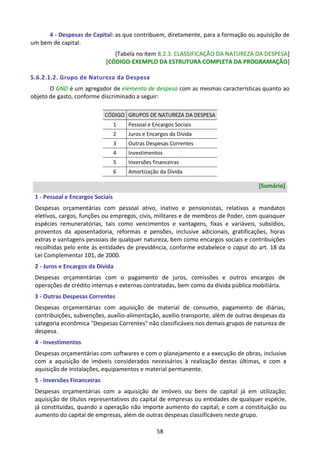 58
4 - Despesas de Capital: as que contribuem, diretamente, para a formação ou aquisição de
um bem de capital.
[Tabela no item 8.2.3. CLASSIFICAÇÃO DA NATUREZA DA DESPESA]
[CÓDIGO-EXEMPLO DA ESTRUTURA COMPLETA DA PROGRAMAÇÃO]
5.6.2.1.2. Grupo de Natureza da Despesa
O GND é um agregador de elemento de despesa com as mesmas características quanto ao
objeto de gasto, conforme discriminado a seguir:
CÓDIGO GRUPOS DE NATUREZA DA DESPESA
1 Pessoal e Encargos Sociais
2 Juros e Encargos da Dívida
3 Outras Despesas Correntes
4 Investimentos
5 Inversões financeiras
6 Amortização da Dívida
[Sumário]
1 - Pessoal e Encargos Sociais
Despesas orçamentárias com pessoal ativo, inativo e pensionistas, relativas a mandatos
eletivos, cargos, funções ou empregos, civis, militares e de membros de Poder, com quaisquer
espécies remuneratórias, tais como vencimentos e vantagens, fixas e variáveis, subsídios,
proventos da aposentadoria, reformas e pensões, inclusive adicionais, gratificações, horas
extras e vantagens pessoais de qualquer natureza, bem como encargos sociais e contribuições
recolhidas pelo ente às entidades de previdência, conforme estabelece o caput do art. 18 da
Lei Complementar 101, de 2000.
2 - Juros e Encargos da Dívida
Despesas orçamentárias com o pagamento de juros, comissões e outros encargos de
operações de crédito internas e externas contratadas, bem como da dívida pública mobiliária.
3 - Outras Despesas Correntes
Despesas orçamentárias com aquisição de material de consumo, pagamento de diárias,
contribuições, subvenções, auxílio-alimentação, auxílio-transporte, além de outras despesas da
categoria econômica "Despesas Correntes" não classificáveis nos demais grupos de natureza de
despesa.
4 - Investimentos
Despesas orçamentárias com softwares e com o planejamento e a execução de obras, inclusive
com a aquisição de imóveis considerados necessários à realização destas últimas, e com a
aquisição de instalações, equipamentos e material permanente.
5 - Inversões Financeiras
Despesas orçamentárias com a aquisição de imóveis ou bens de capital já em utilização;
aquisição de títulos representativos do capital de empresas ou entidades de qualquer espécie,
já constituídas, quando a operação não importe aumento do capital; e com a constituição ou
aumento do capital de empresas, além de outras despesas classificáveis neste grupo.
 