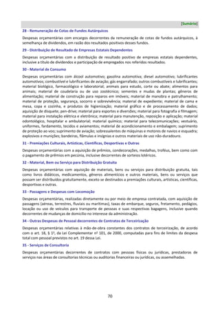 70
[Sumário]
28 - Remuneração de Cotas de Fundos Autárquicos
Despesas orçamentárias com encargos decorrentes da remuneração de cotas de fundos autárquicos, à
semelhança de dividendos, em razão dos resultados positivos desses fundos.
29 - Distribuição de Resultado de Empresas Estatais Dependentes
Despesas orçamentárias com a distribuição de resultado positivo de empresas estatais dependentes,
inclusive a título de dividendos e participação de empregados nos referidos resultados.
30 - Material de Consumo
Despesas orçamentárias com álcool automotivo; gasolina automotiva; diesel automotivo; lubrificantes
automotivos; combustível e lubrificantes de aviação; gás engarrafado; outros combustíveis e lubrificantes;
material biológico, farmacológico e laboratorial; animais para estudo, corte ou abate; alimentos para
animais; material de coudelaria ou de uso zootécnico; sementes e mudas de plantas; gêneros de
alimentação; material de construção para reparos em imóveis; material de manobra e patrulhamento;
material de proteção, segurança, socorro e sobrevivência; material de expediente; material de cama e
mesa, copa e cozinha, e produtos de higienização; material gráfico e de processamento de dados;
aquisição de disquete; pen-drive; material para esportes e diversões; material para fotografia e filmagem;
material para instalação elétrica e eletrônica; material para manutenção, reposição e aplicação; material
odontológico, hospitalar e ambulatorial; material químico; material para telecomunicações; vestuário,
uniformes, fardamento, tecidos e aviamentos; material de acondicionamento e embalagem; suprimento
de proteção ao voo; suprimento de aviação; sobressalentes de máquinas e motores de navios e esquadra;
explosivos e munições; bandeiras, flâmulas e insígnias e outros materiais de uso não-duradouro.
31 - Premiações Culturais, Artísticas, Científicas, Desportivas e Outras
Despesas orçamentárias com a aquisição de prêmios, condecorações, medalhas, troféus, bem como com
o pagamento de prêmios em pecúnia, inclusive decorrentes de sorteios lotéricos.
32 - Material, Bem ou Serviço para Distribuição Gratuita
Despesas orçamentárias com aquisição de materiais, bens ou serviços para distribuição gratuita, tais
como livros didáticos, medicamentos, gêneros alimentícios e outros materiais, bens ou serviços que
possam ser distribuídos gratuitamente, exceto se destinados a premiações culturais, artísticas, científicas,
desportivas e outras.
33 - Passagens e Despesas com Locomoção
Despesas orçamentárias, realizadas diretamente ou por meio de empresa contratada, com aquisição de
passagens (aéreas, terrestres, fluviais ou marítimas), taxas de embarque, seguros, fretamento, pedágios,
locação ou uso de veículos para transporte de pessoas e suas respectivas bagagens, inclusive quando
decorrentes de mudanças de domicílio no interesse da administração.
34 - Outras Despesas de Pessoal decorrentes de Contratos de Terceirização
Despesas orçamentárias relativas à mão-de-obra constantes dos contratos de terceirização, de acordo
com o art. 18, § 1o
, da Lei Complementar no
101, de 2000, computadas para fins de limites da despesa
total com pessoal previstos no art. 19 dessa Lei.
35 - Serviços de Consultoria
Despesas orçamentárias decorrentes de contratos com pessoas físicas ou jurídicas, prestadoras de
serviços nas áreas de consultorias técnicas ou auditorias financeiras ou jurídicas, ou assemelhadas.
 
